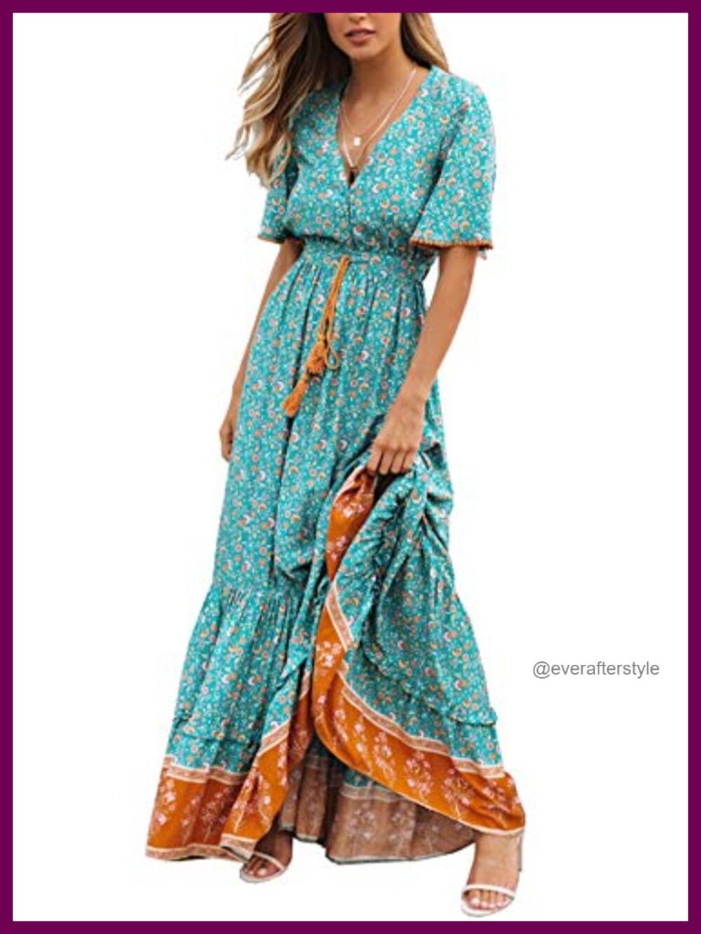 Womens Summer V Neck Button Floral Print Boho Midi Dress Rayon Cotton